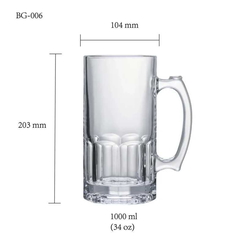 Beer glass size chart for model BG-006 with 1000 ml capacities, including height and rim diameter.