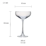 Cocktail glass size chart for model CT-005 with 340ml capacities, including height and rim diameter.
