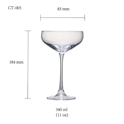 Cocktail glass size chart for model CT-005 with 340ml capacities, including height and rim diameter.