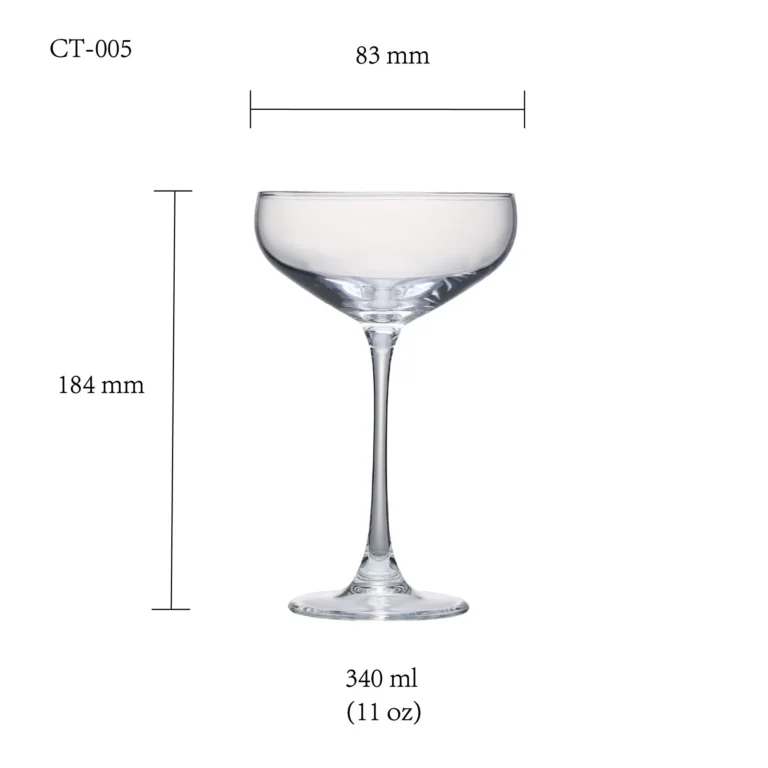 Cocktail glass size chart for model CT-005 with 340ml capacities, including height and rim diameter.