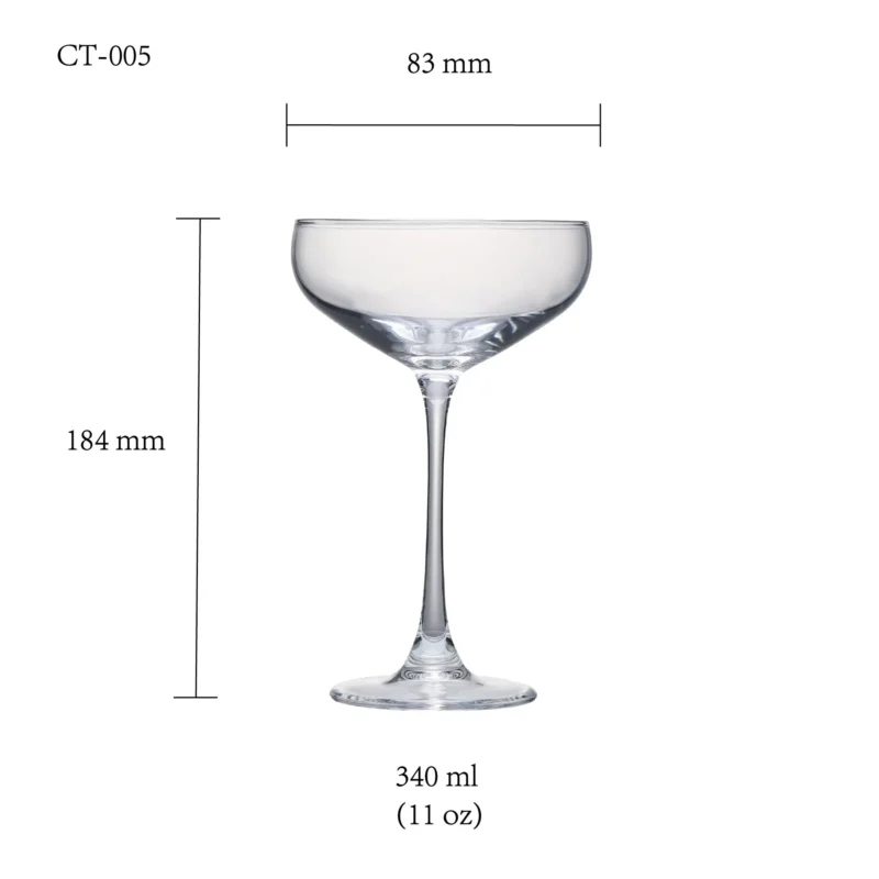 Cocktail glass size chart for model CT-005 with 340ml capacities, including height and rim diameter.