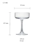 Cocktail glass size chart for model CT-006 with 155ml capacities, including height and rim diameter.
