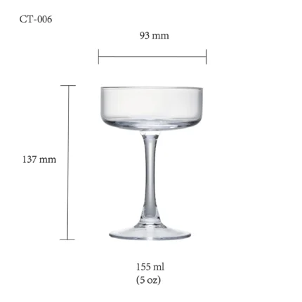 Cocktail glass size chart for model CT-006 with 155ml capacities, including height and rim diameter.