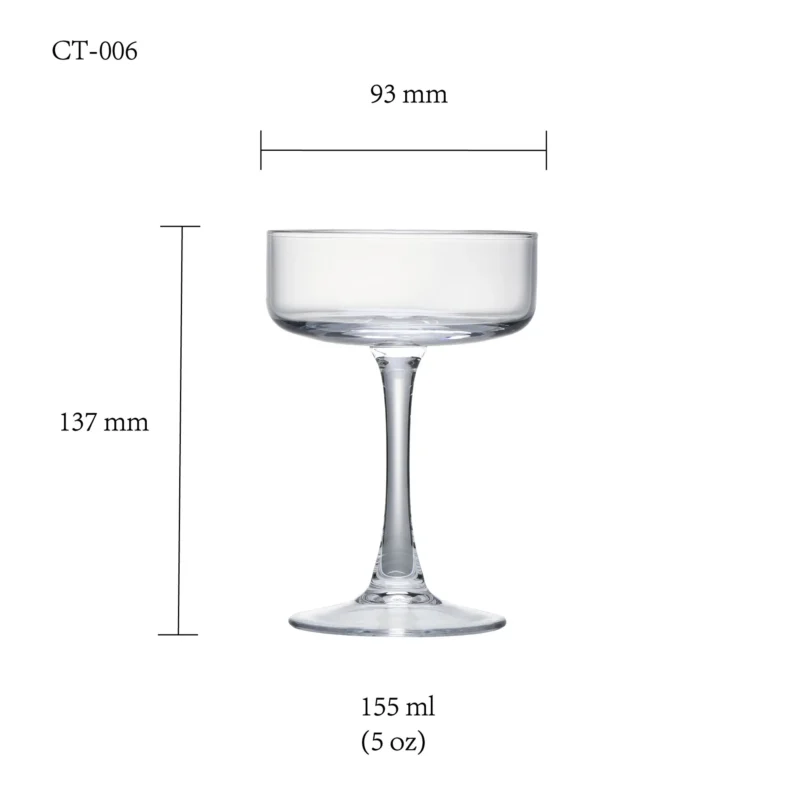 Cocktail glass size chart for model CT-006 with 155ml capacities, including height and rim diameter.