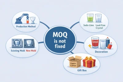 Infographic showing five factors that affect glassware MOQ, including production method, material, mold route, decoration, and packaging
