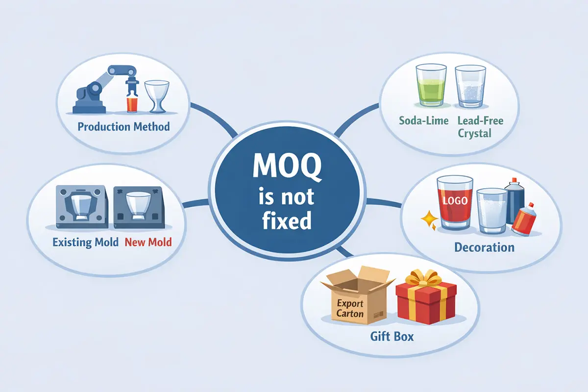 Infographic showing five factors that affect glassware MOQ, including production method, material, mold route, decoration, and packaging