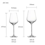 Red wine glass size chart for model RW-004 with 560 ml and 640 ml capacities, including height and rim diameter