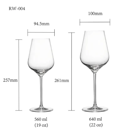 Red wine glass size chart for model RW-004 with 560 ml and 640 ml capacities, including height and rim diameter