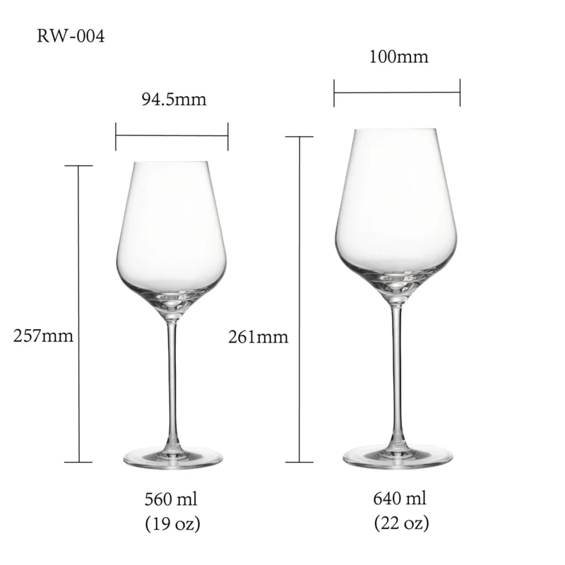 Red wine glass size chart for model RW-004 with 560 ml and 640 ml capacities, including height and rim diameter