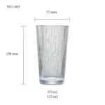 water glass size chart for model WG-003 with 375 ml capacities, including height and rim diameter.