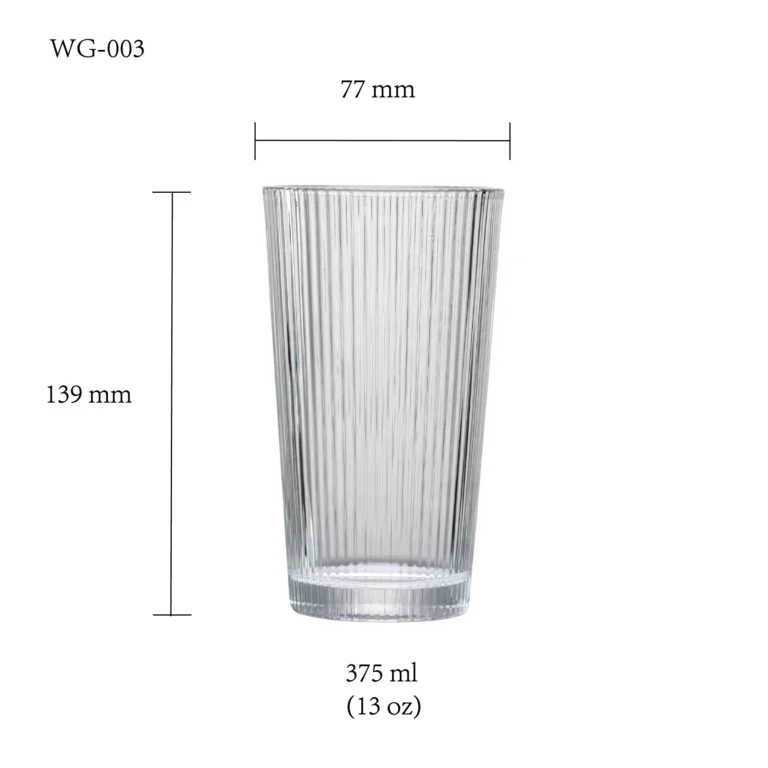 water glass size chart for model WG-003 with 375 ml capacities, including height and rim diameter.