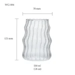 water glass size chart for model WG-004 with 530 ml capacities, including height and rim diameter.