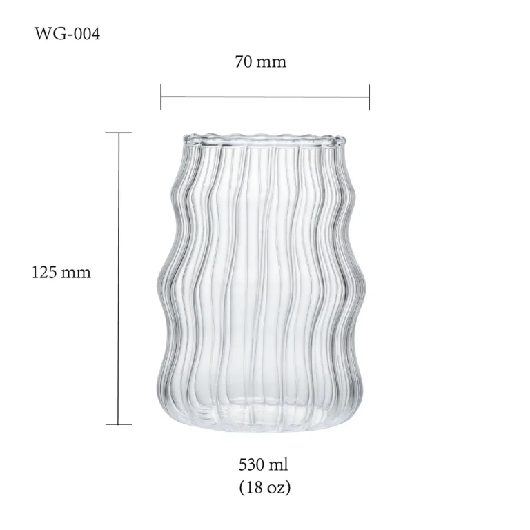 water glass size chart for model WG-004 with 530 ml capacities, including height and rim diameter.