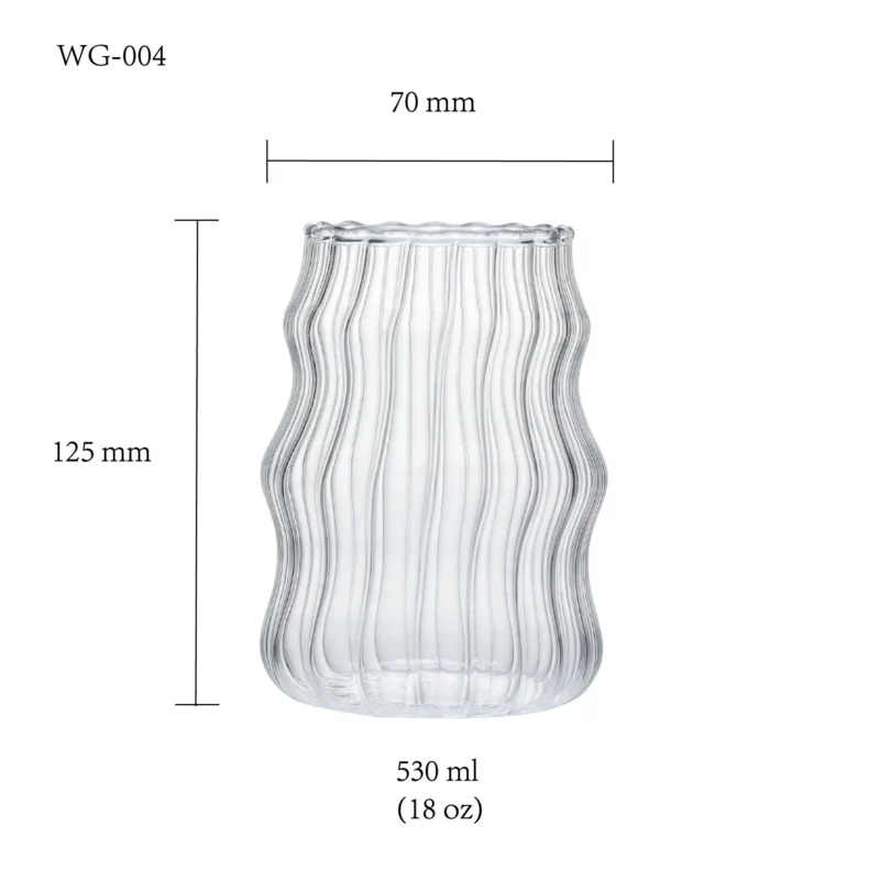 water glass size chart for model WG-004 with 530 ml capacities, including height and rim diameter.