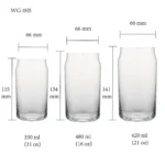 water glass size chart for model WG-005 with 330-620 ml capacities, including height and rim diameter.