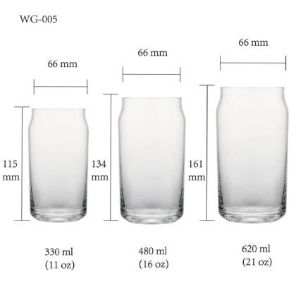 water glass size chart for model WG-005 with 330-620 ml capacities, including height and rim diameter.