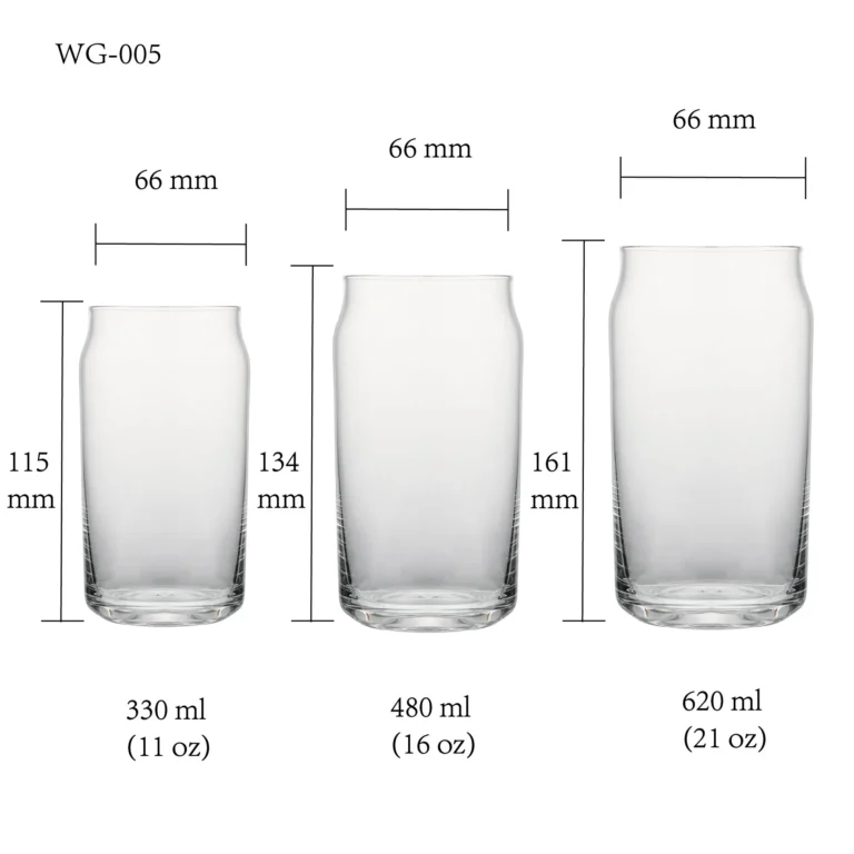 water glass size chart for model WG-005 with 330-620 ml capacities, including height and rim diameter.
