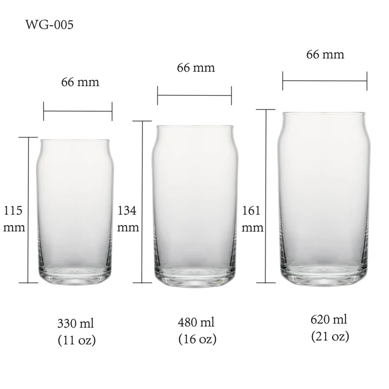 water glass size chart for model WG-005 with 330-620 ml capacities, including height and rim diameter.
