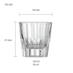 Whiskey glass size chart for model WS-005 with 230 ml capacities, including height and rim diameter.