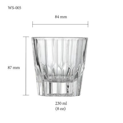 Whiskey glass size chart for model WS-005 with 230 ml capacities, including height and rim diameter.