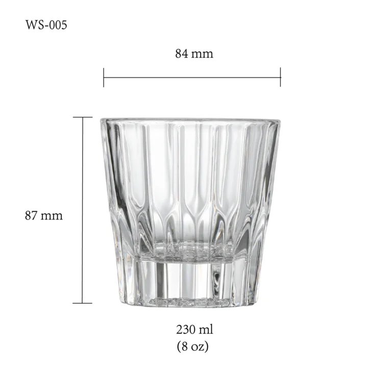 Whiskey glass size chart for model WS-005 with 230 ml capacities, including height and rim diameter.