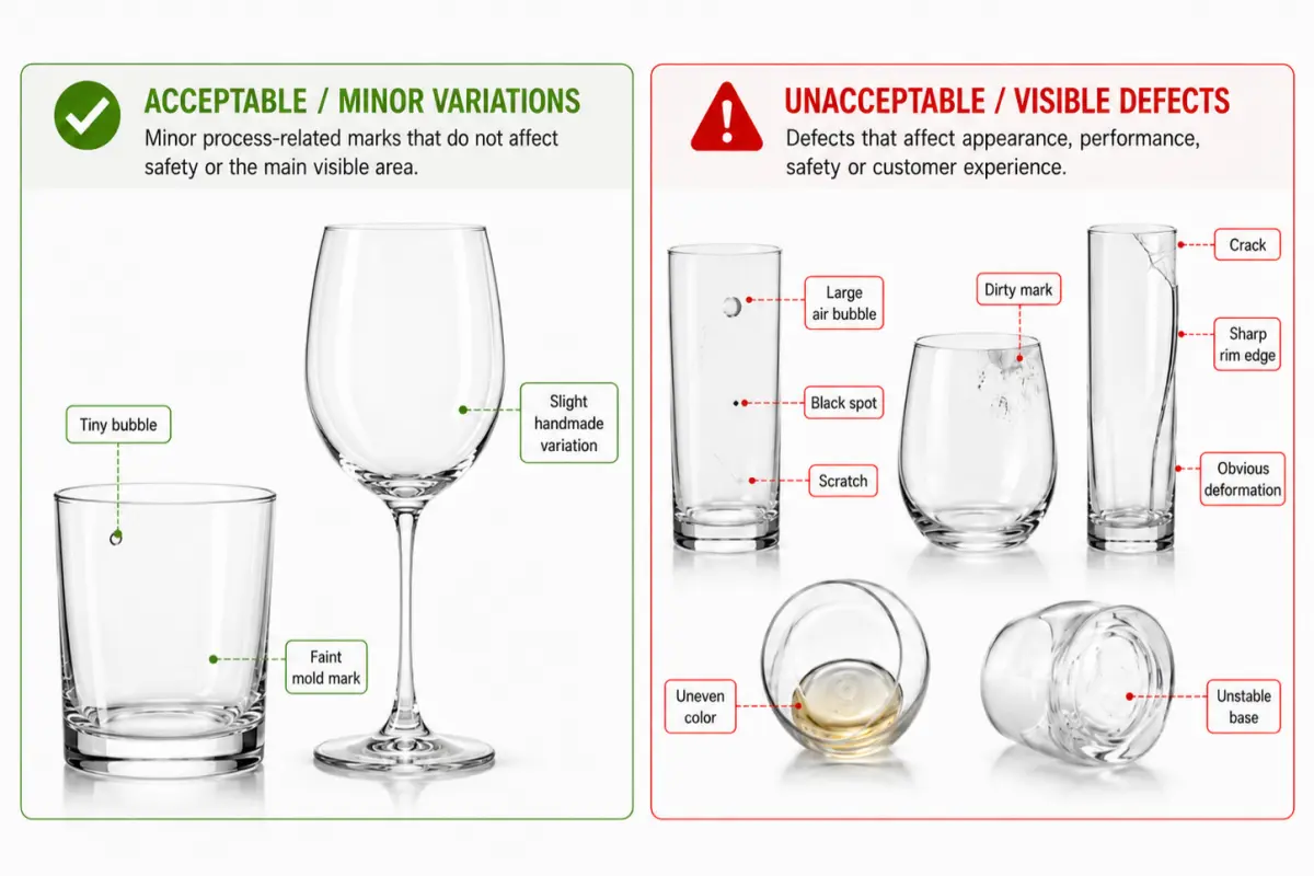 Glassware visible defects inspection comparison showing acceptable minor variations and unacceptable defects such as bubbles, scratches, cracks, uneven color, and unstable base