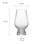 Whiskey glass size chart for model WS-006 with 200 ml capacities, including height and rim diameter.