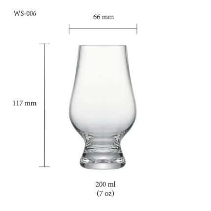 Whiskey glass size chart for model WS-006 with 200 ml capacities, including height and rim diameter.