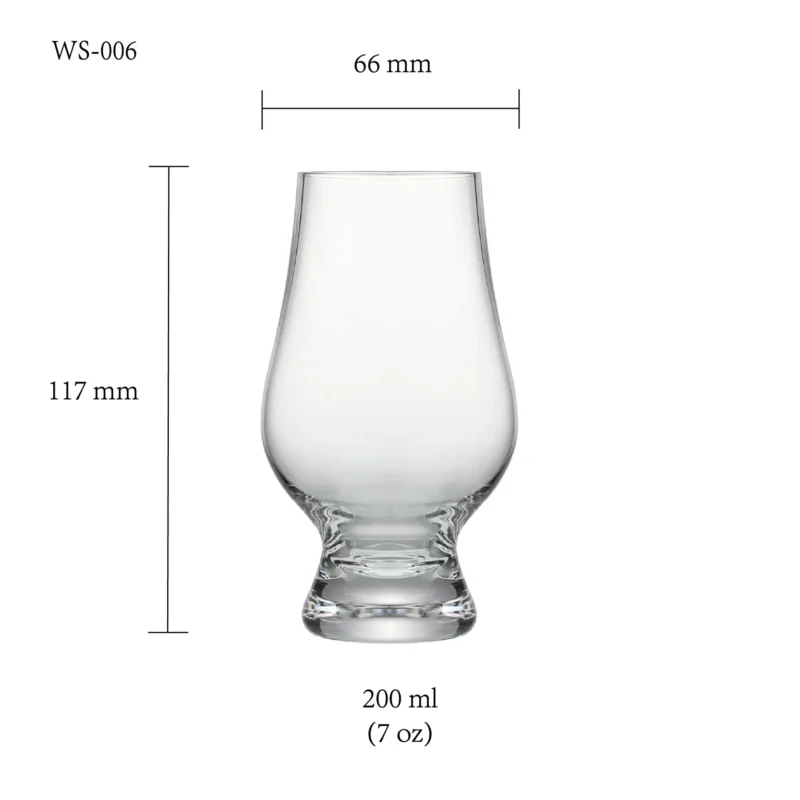 Whiskey glass size chart for model WS-006 with 200 ml capacities, including height and rim diameter.